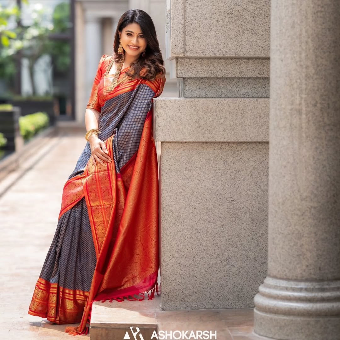 Dark Orange Banarasi Soft Silk Saree