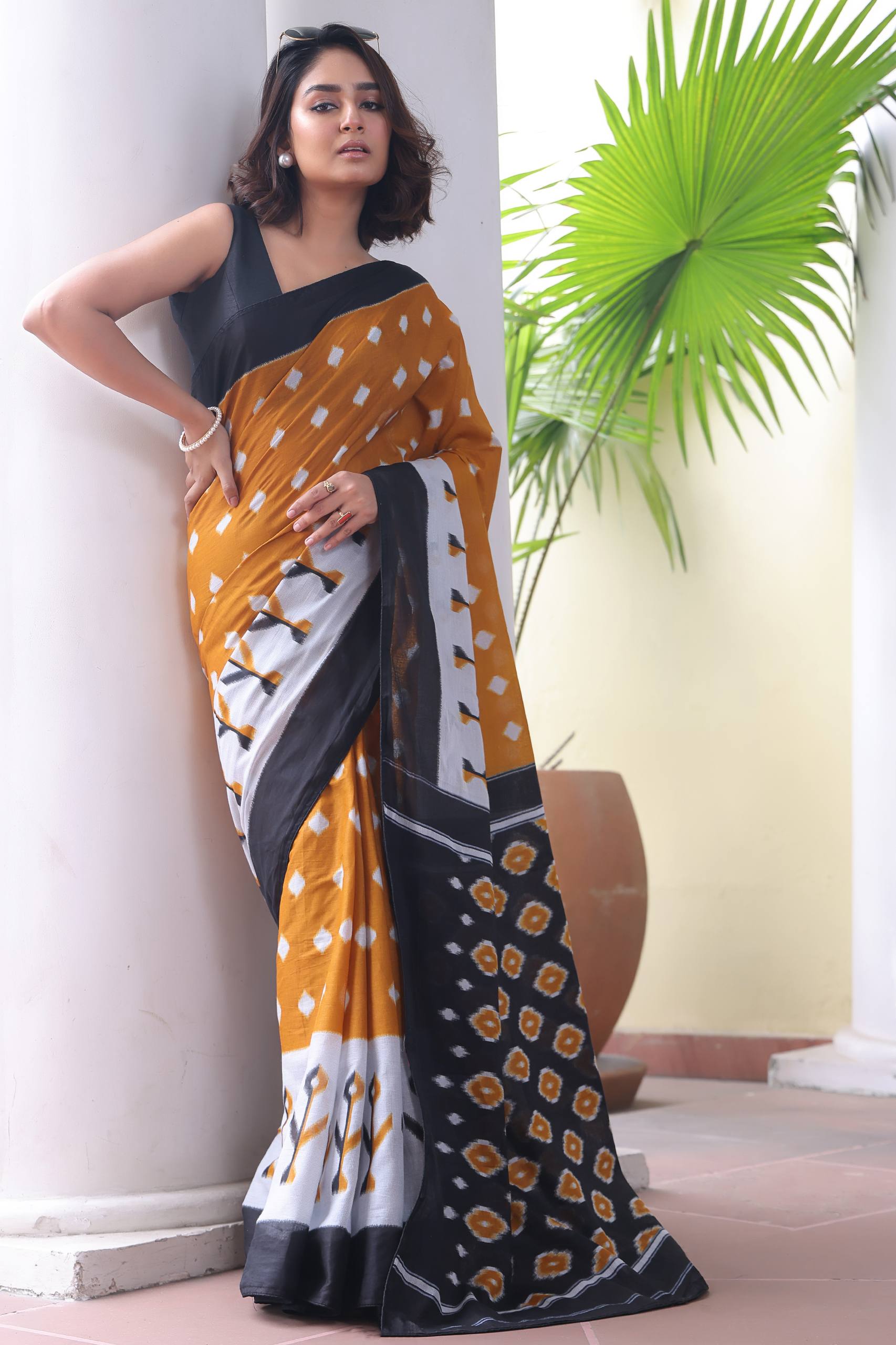 Yellow Mul Cotton Ikkat Handblock Printed Saree