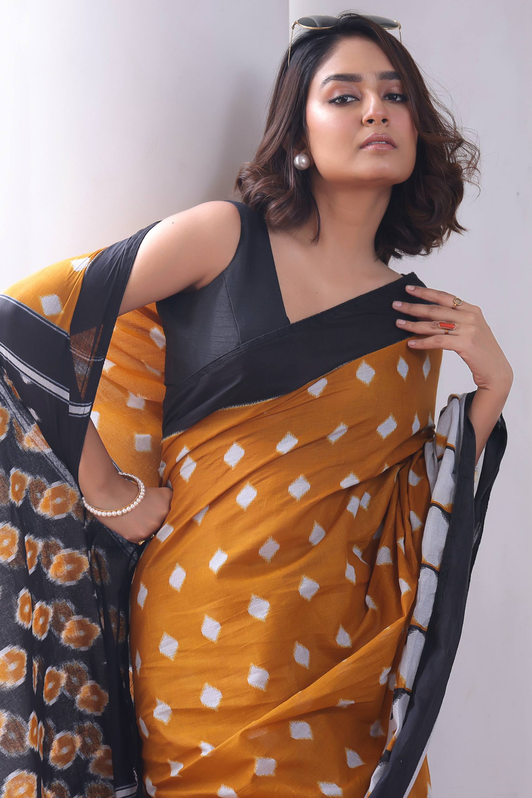 Yellow Mul Cotton Ikkat Handblock Printed Saree