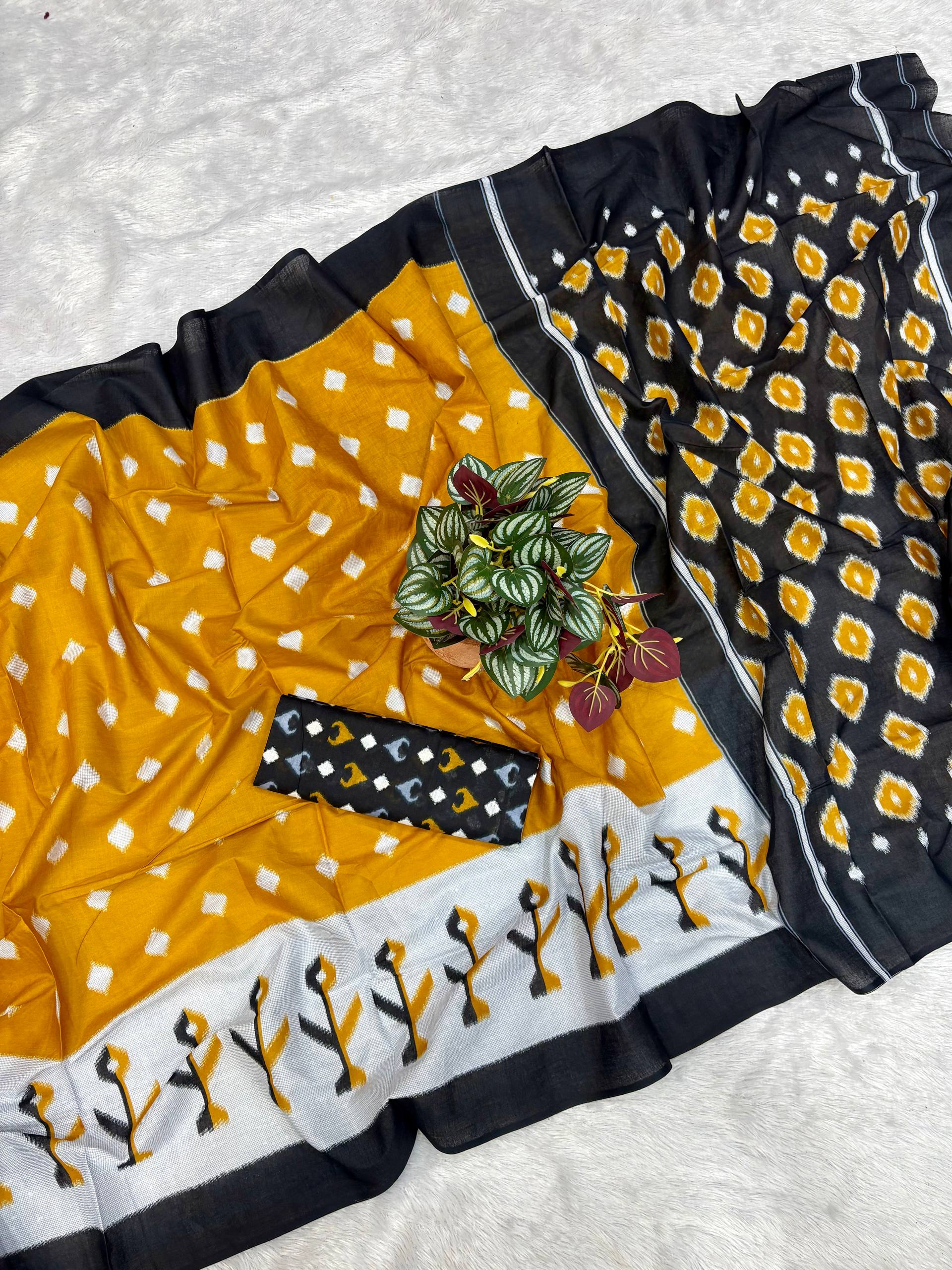 Yellow Mul Cotton Ikkat Handblock Printed Saree