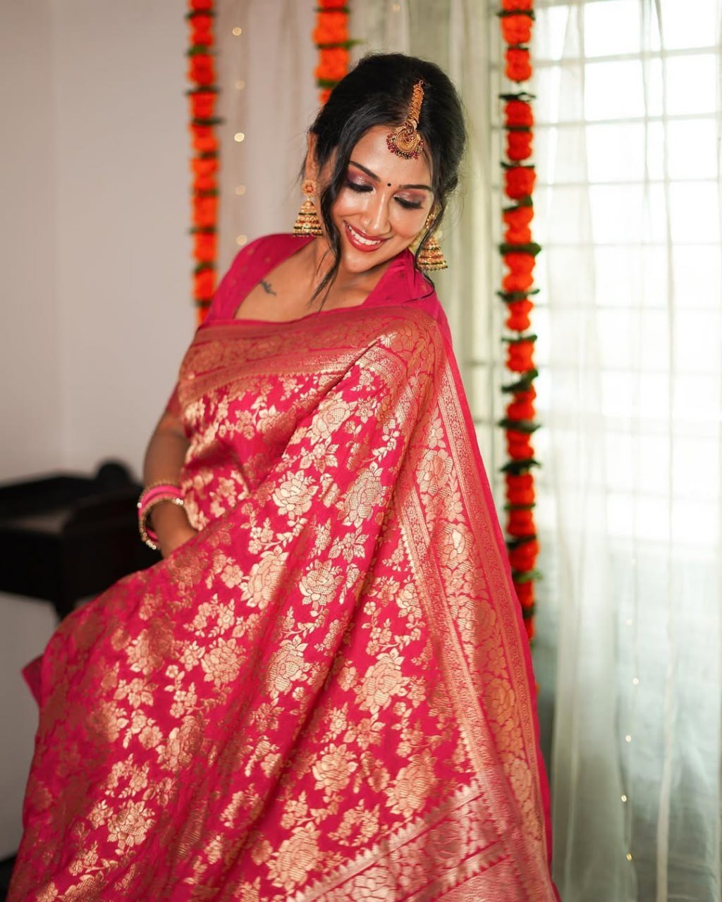 Dark Pink Banarasi Soft Silk Saree