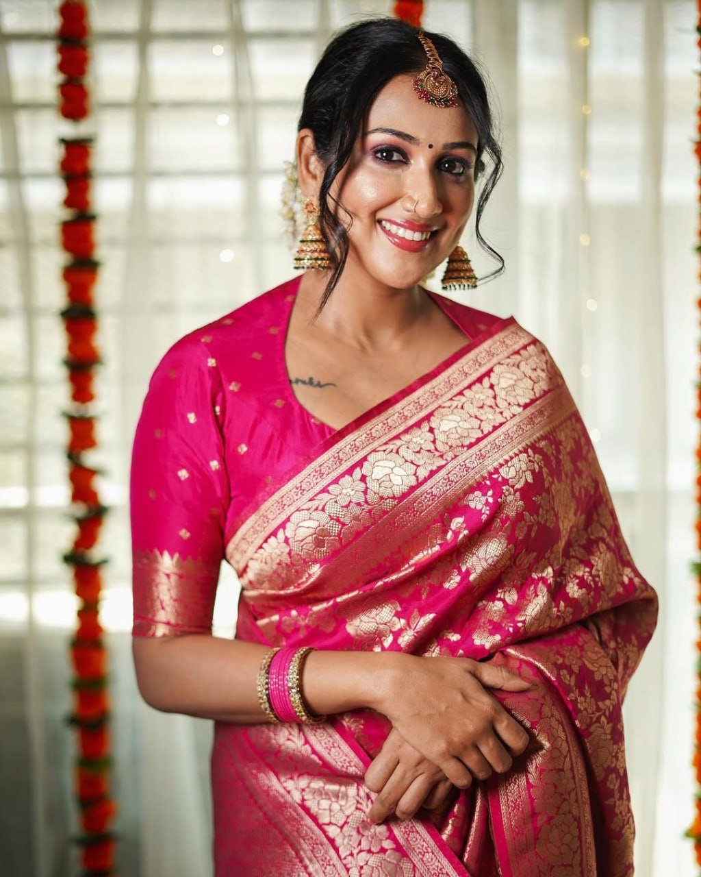 Dark Pink Banarasi Soft Silk Saree
