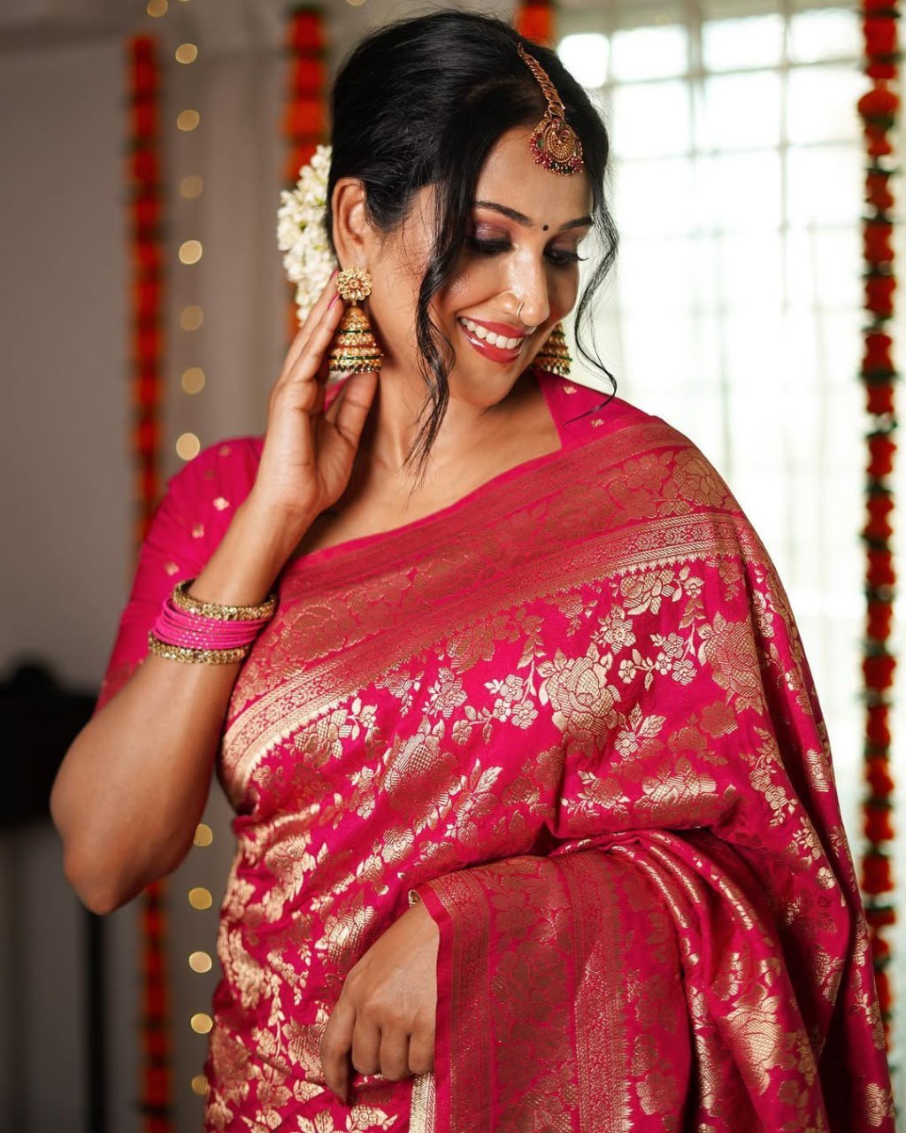 Dark Pink Banarasi Soft Silk Saree