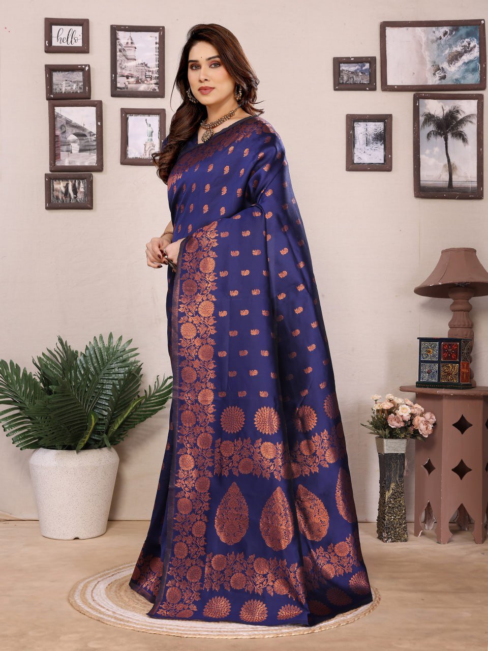 Dark Blue And Orange Banarasi Soft Silk Saree