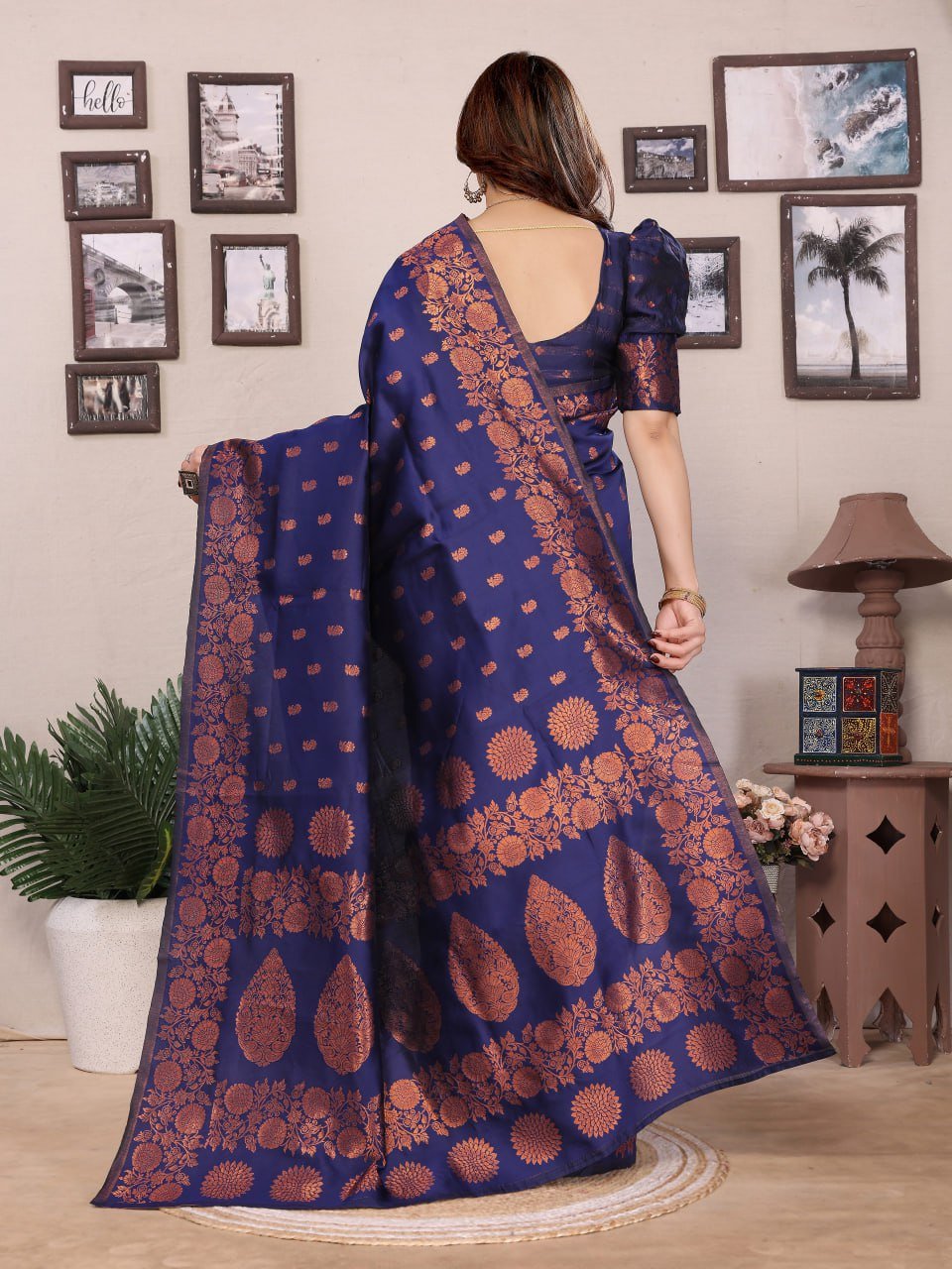 Dark Purple And Orange Banarasi Soft Silk Saree
