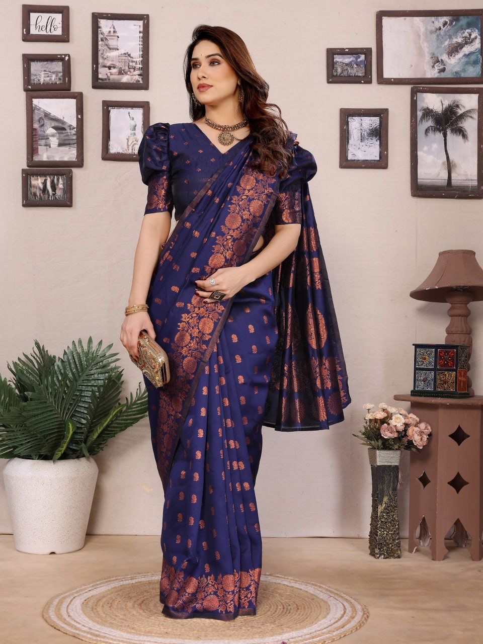 Dark Purple And Orange Banarasi Soft Silk Saree