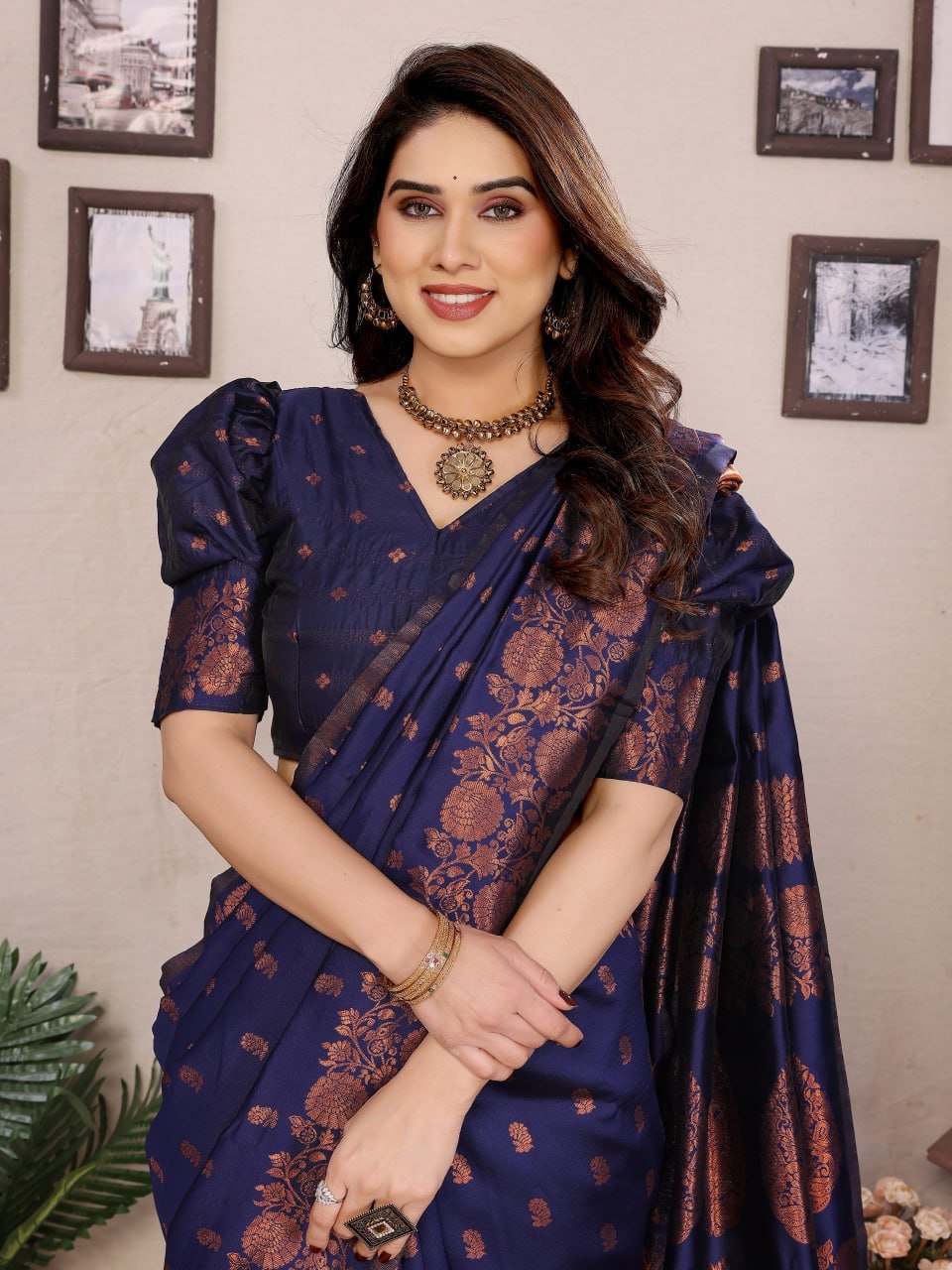 Dark Purple And Orange Banarasi Soft Silk Saree