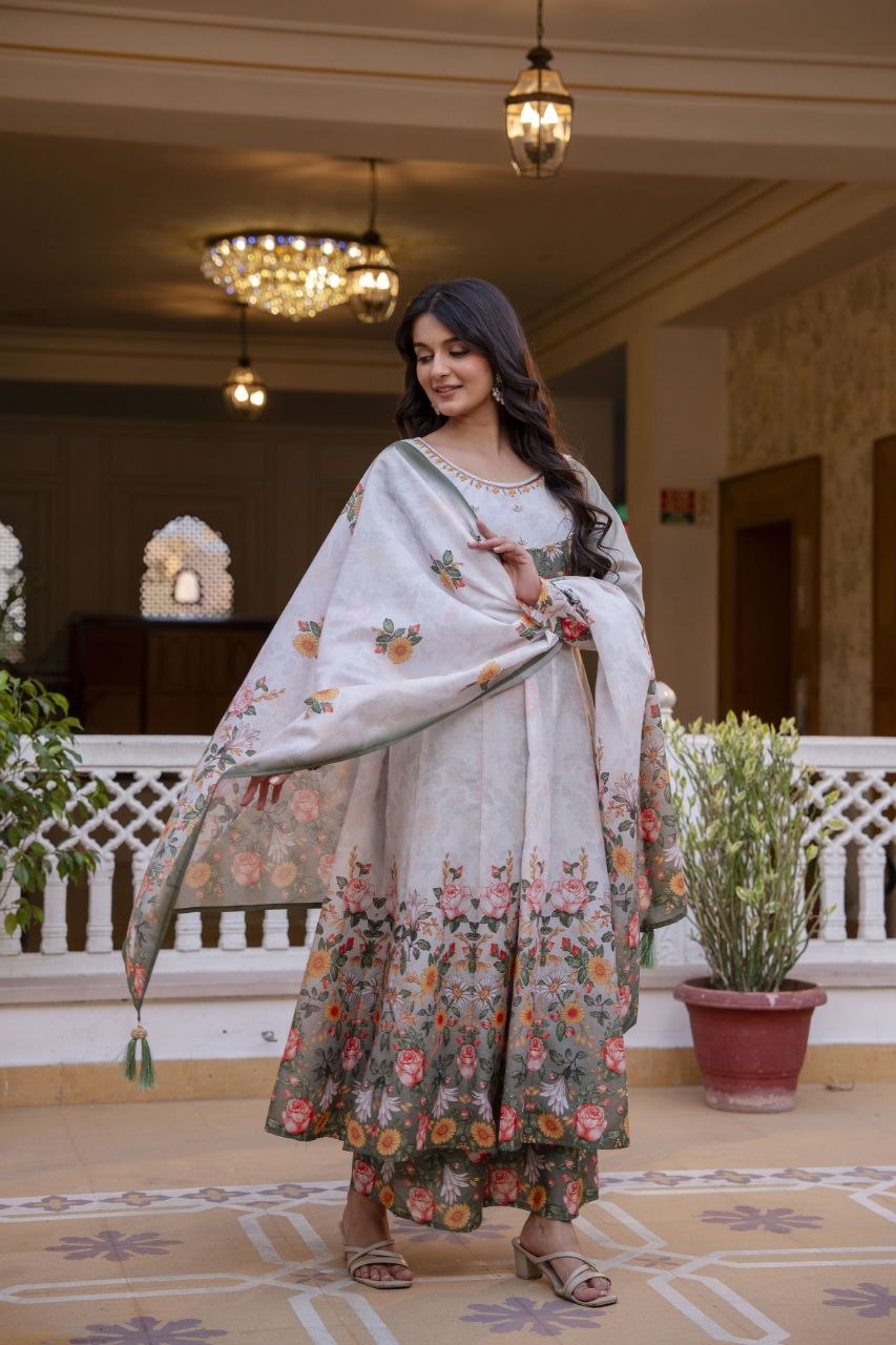 White Chanderi Digital Print With Hand Work Kurti Set