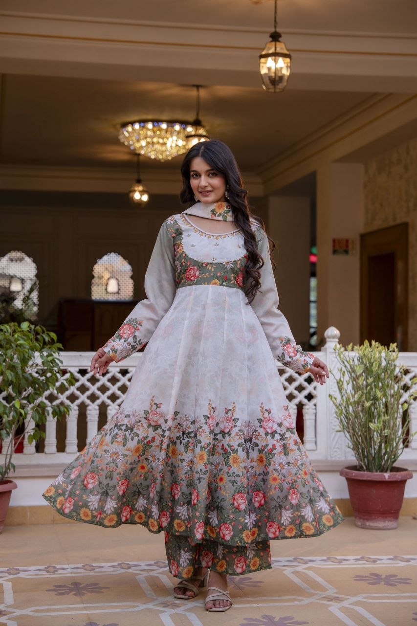 White Chanderi Digital Print With Hand Work Kurti Set