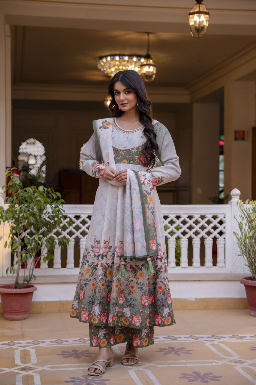 White Chanderi Digital Print With Hand Work Kurti Set