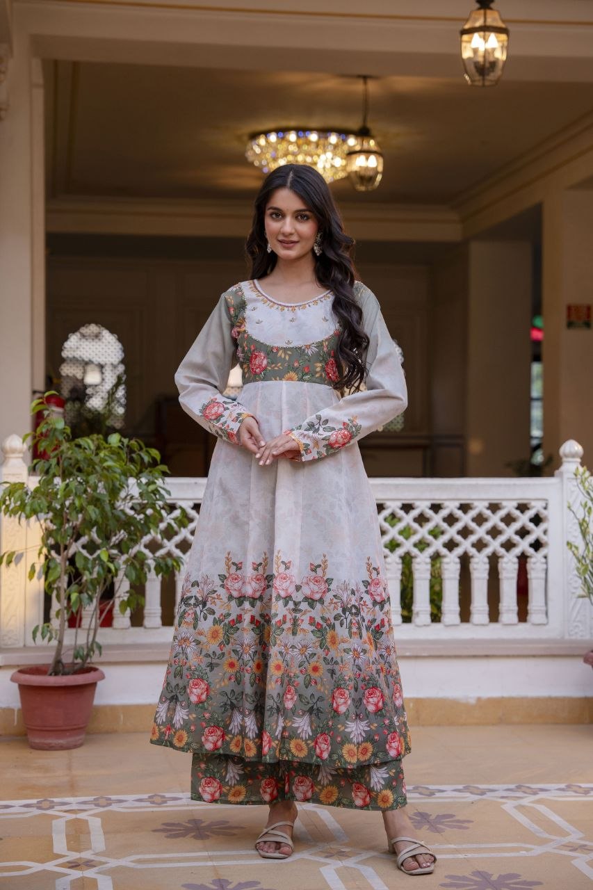 White Chanderi Digital Print With Hand Work Kurti Set