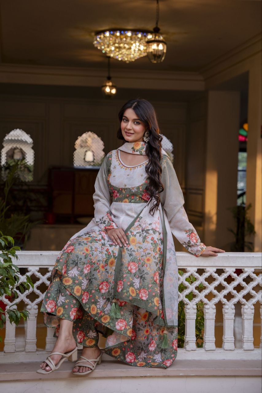 White Chanderi Digital Print With Hand Work Kurti Set