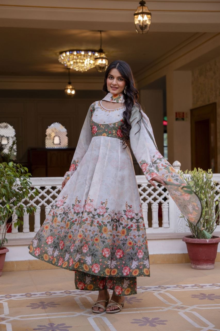 White Chanderi Digital Print With Hand Work Kurti Set