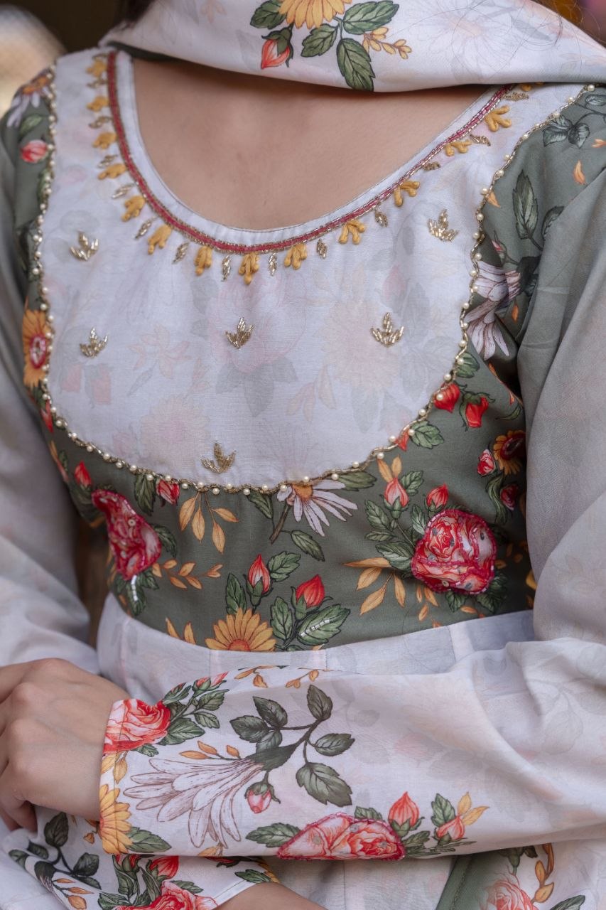 White Chanderi Digital Print With Hand Work Kurti Set