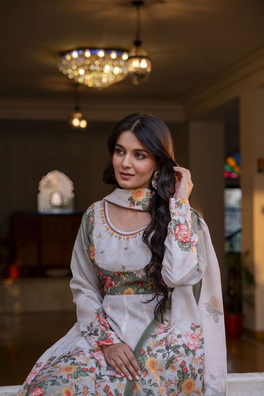 White Chanderi Digital Print With Hand Work Kurti Set