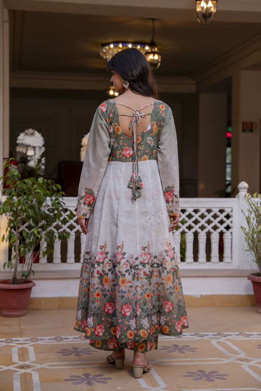 White Chanderi Digital Print With Hand Work Kurti Set