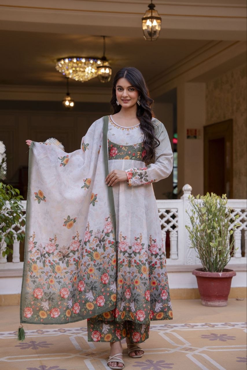 White Chanderi Digital Print With Hand Work Kurti Set