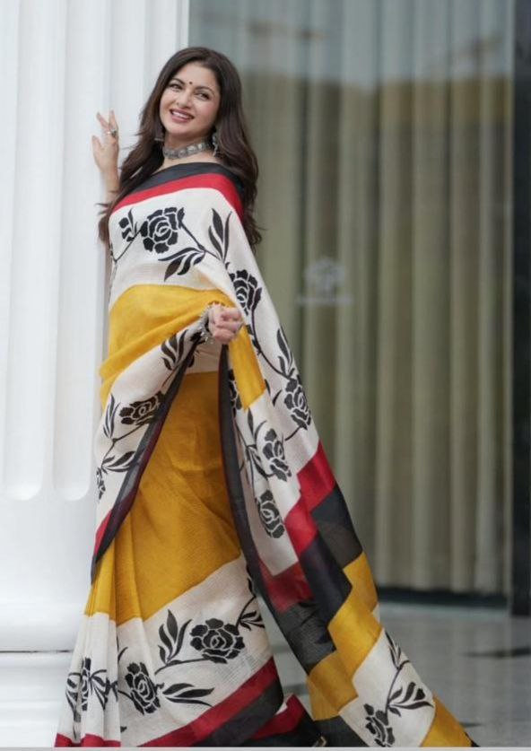 Yellow Plain Linen Digital Printed Saree