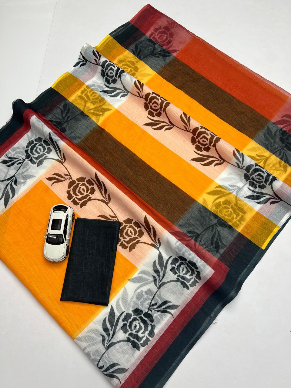 Yellow Plain Linen Digital Printed Saree