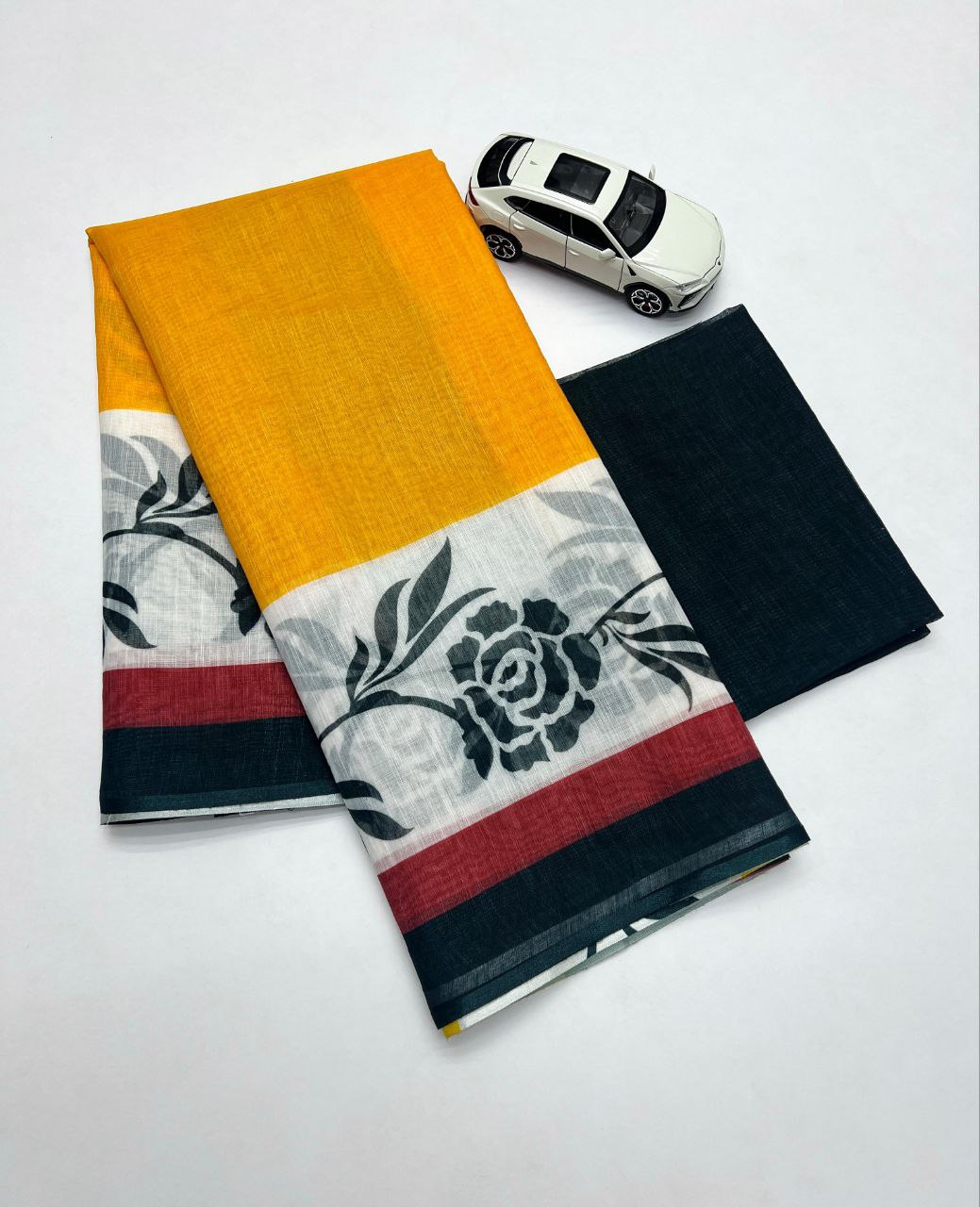 Yellow Plain Linen Digital Printed Saree