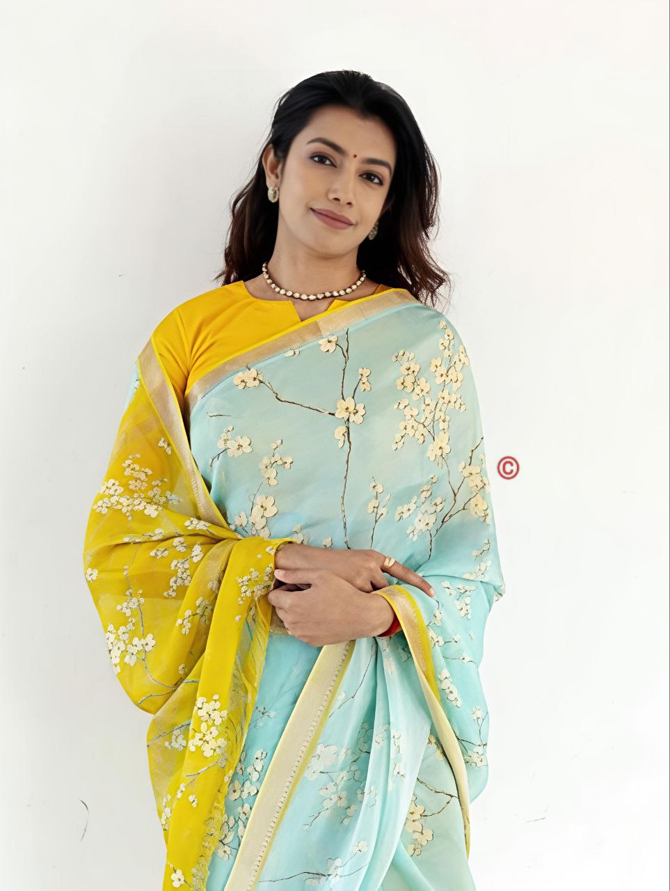 Aqua Blue Soft Linen Digital Printed Saree