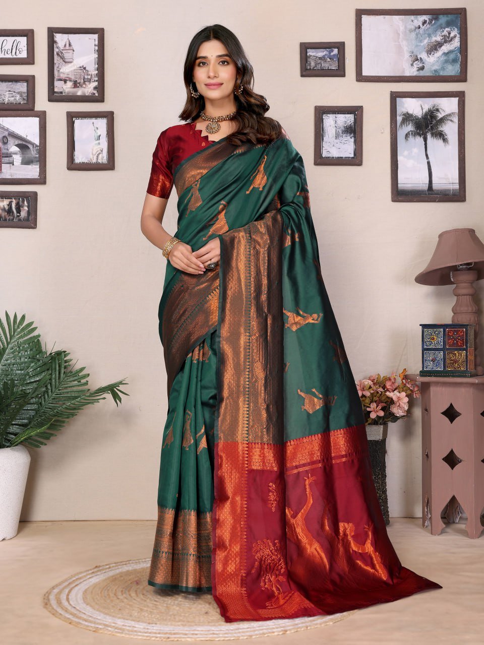 Dark Green And Dark Maroon Banarasi Soft Silk Saree