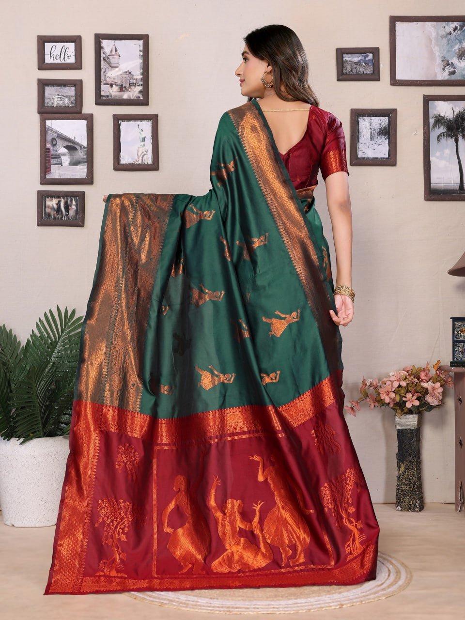 Dark Green And Dark Maroon Banarasi Soft Silk Saree