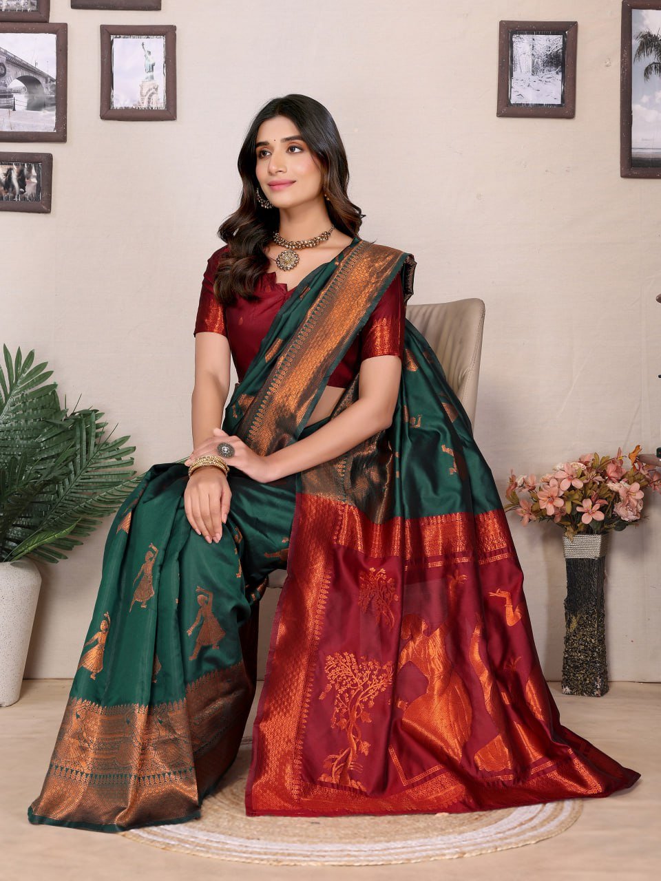 Dark Green And Dark Maroon Banarasi Soft Silk Saree