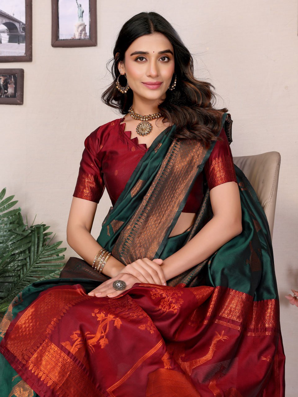 Dark Green And Dark Maroon Banarasi Soft Silk Saree