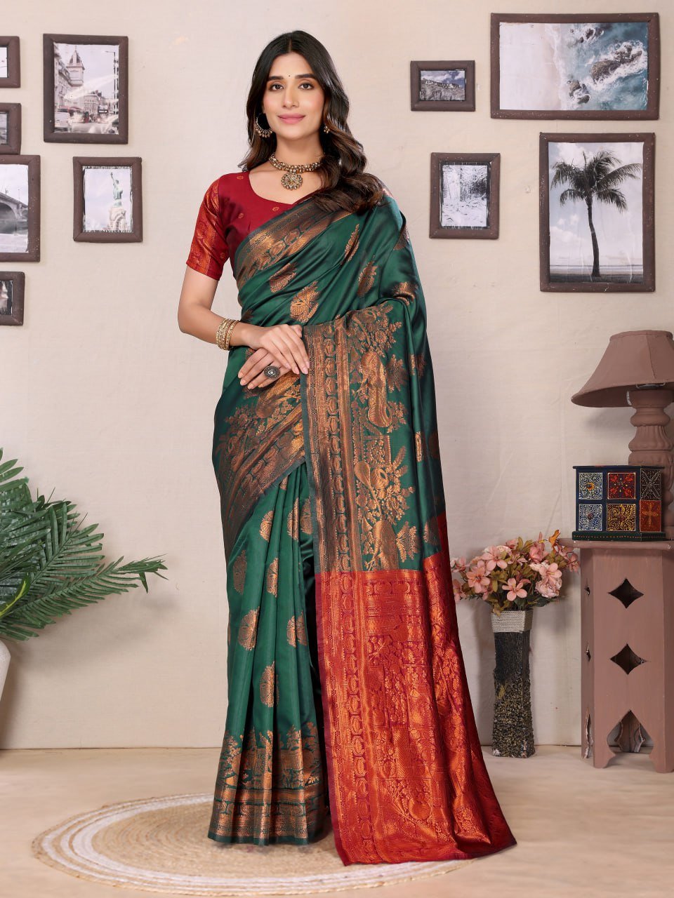Dark Maroon And Dark Green Banarasi Soft Silk Saree