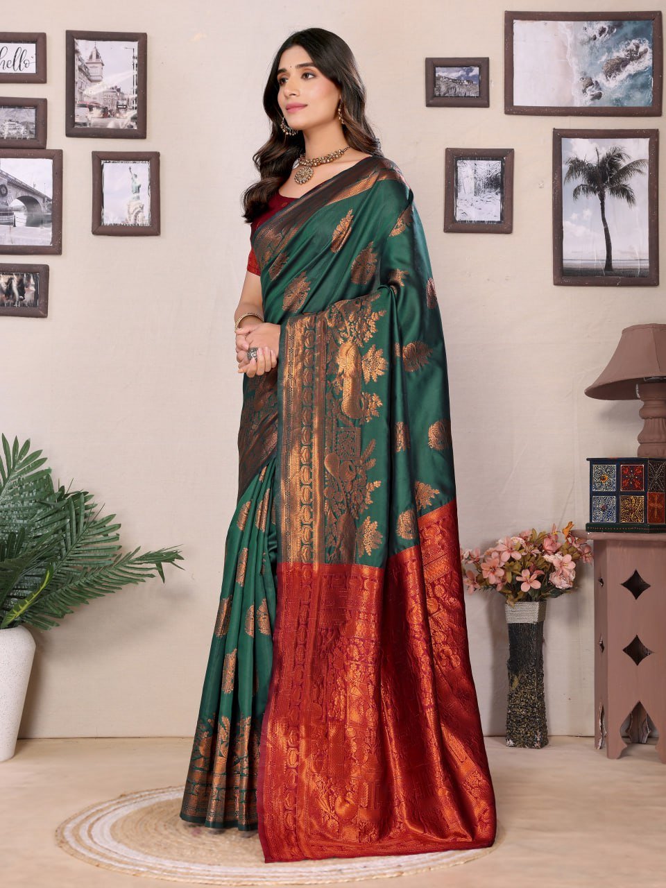 Dark Maroon And Dark Green Banarasi Soft Silk Saree