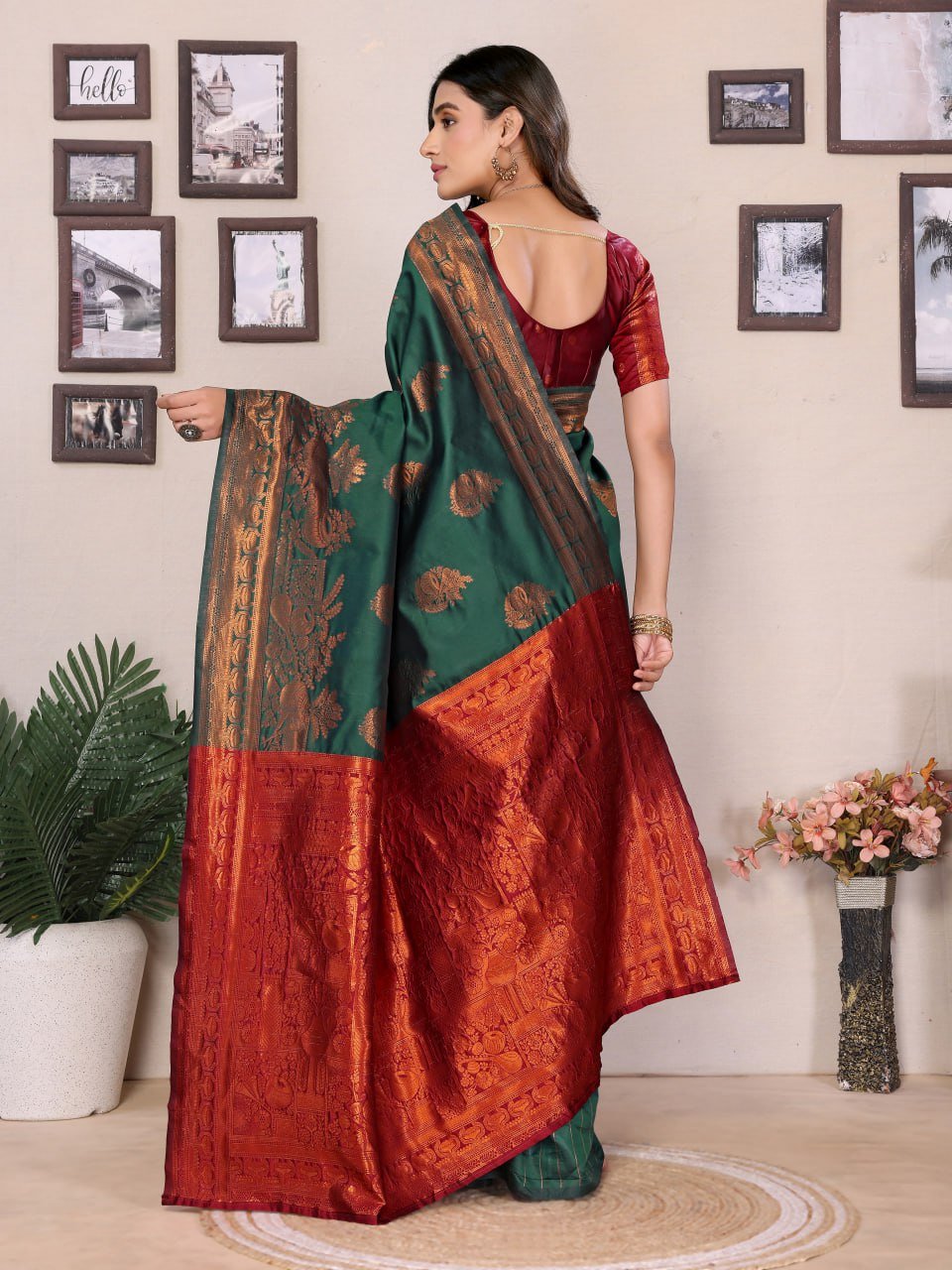 Dark Maroon And Dark Green Banarasi Soft Silk Saree