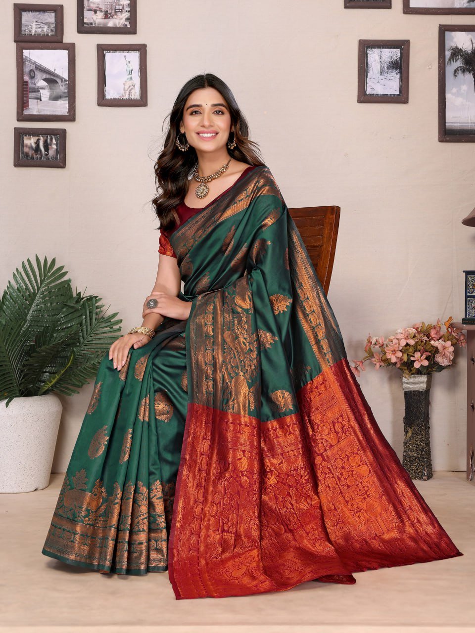 Dark Maroon And Dark Green Banarasi Soft Silk Saree