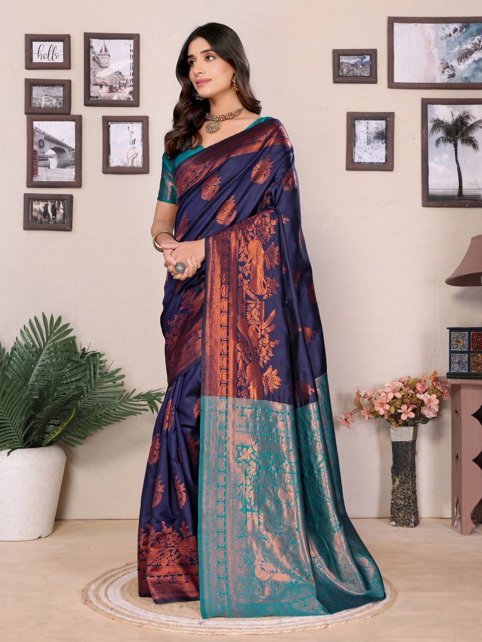 Turquoise And Dark Orange Banarasi Soft Silk Saree