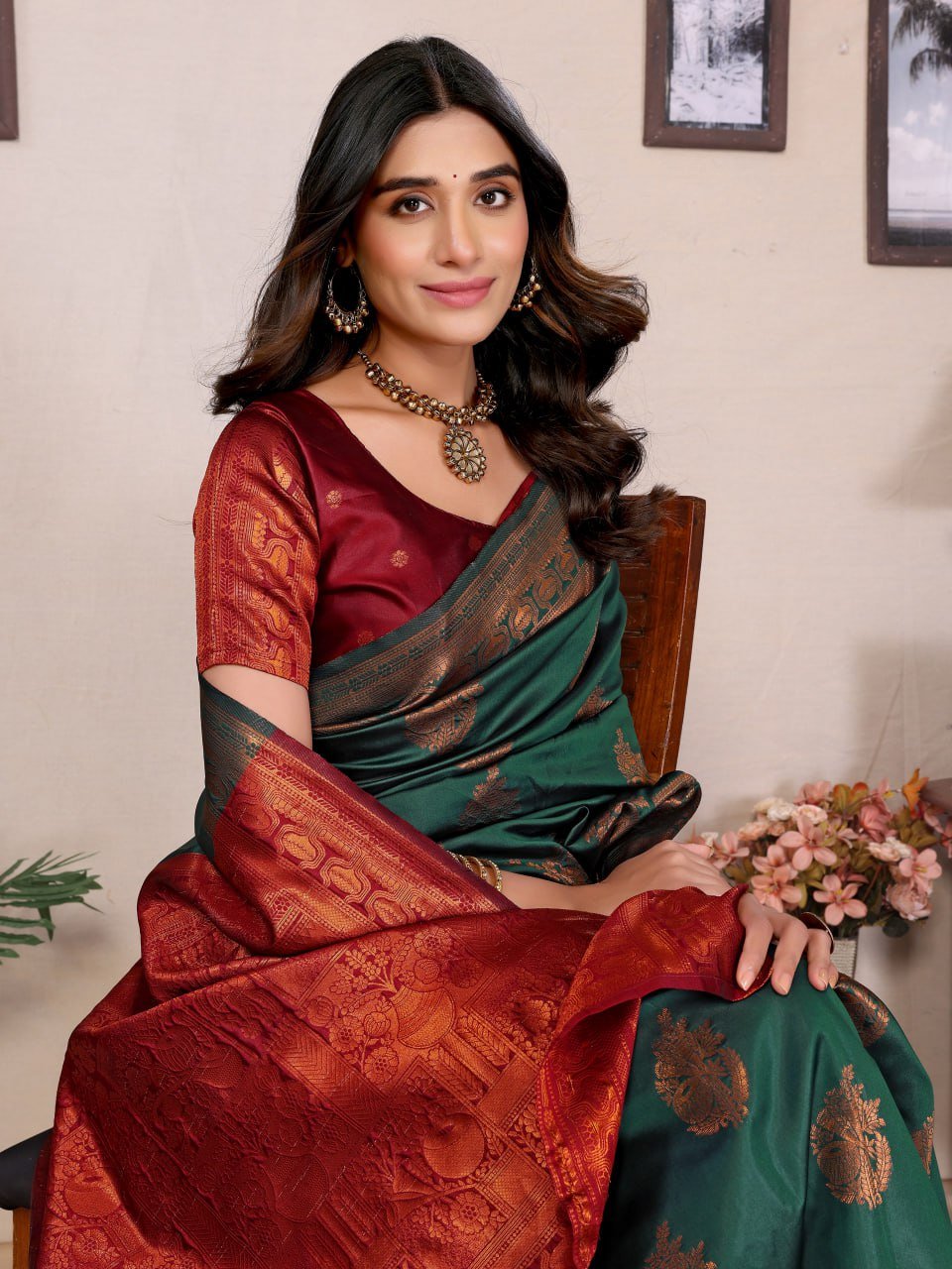 Dark Maroon And Dark Green Banarasi Soft Silk Saree