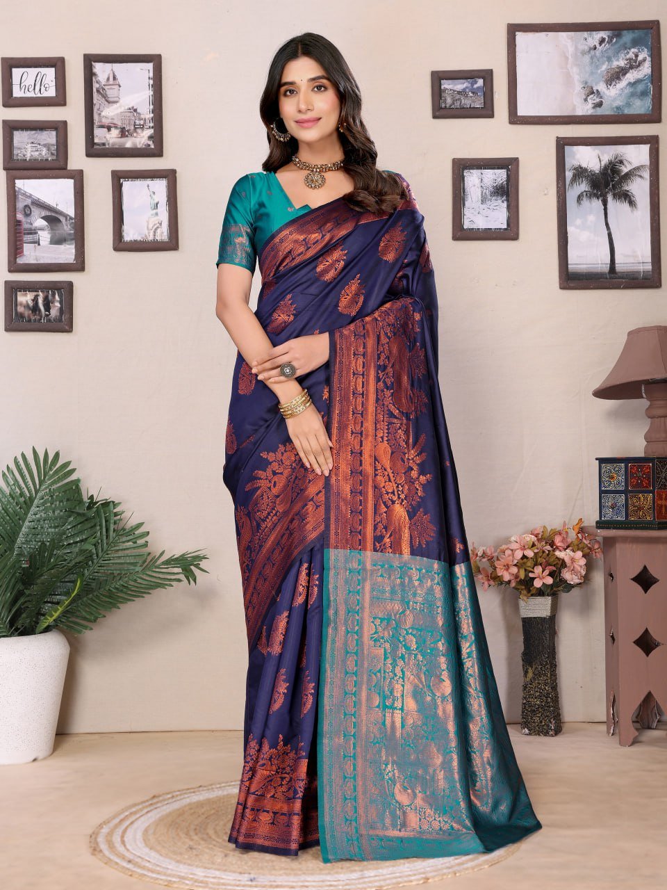 Turquoise And Dark Orange Banarasi Soft Silk Saree