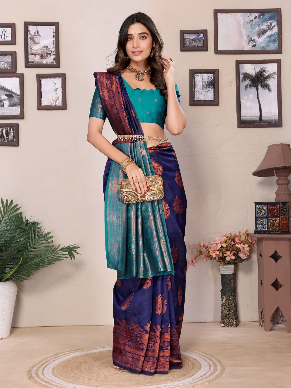 Turquoise And Dark Orange Banarasi Soft Silk Saree