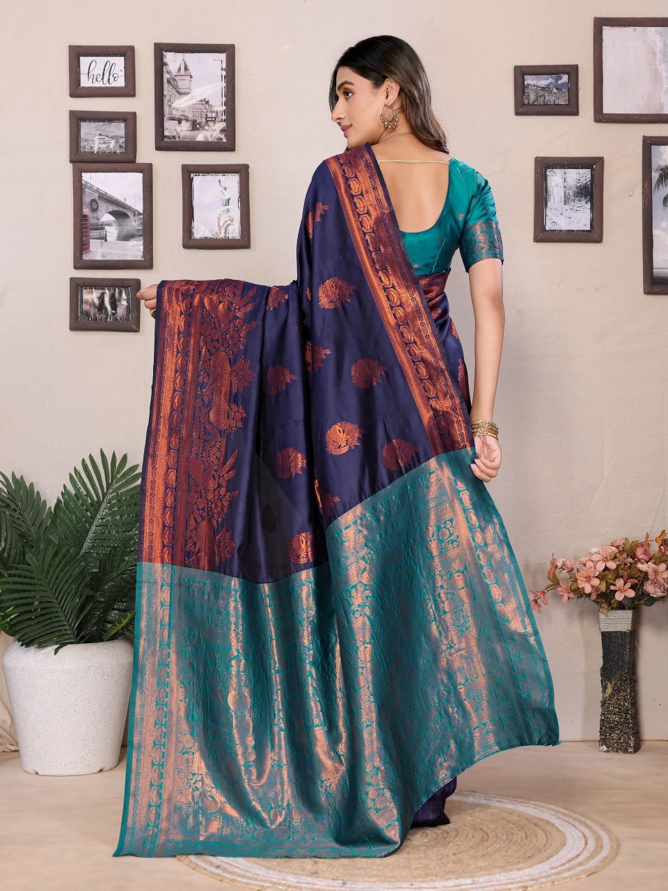 Turquoise And Dark Orange Banarasi Soft Silk Saree