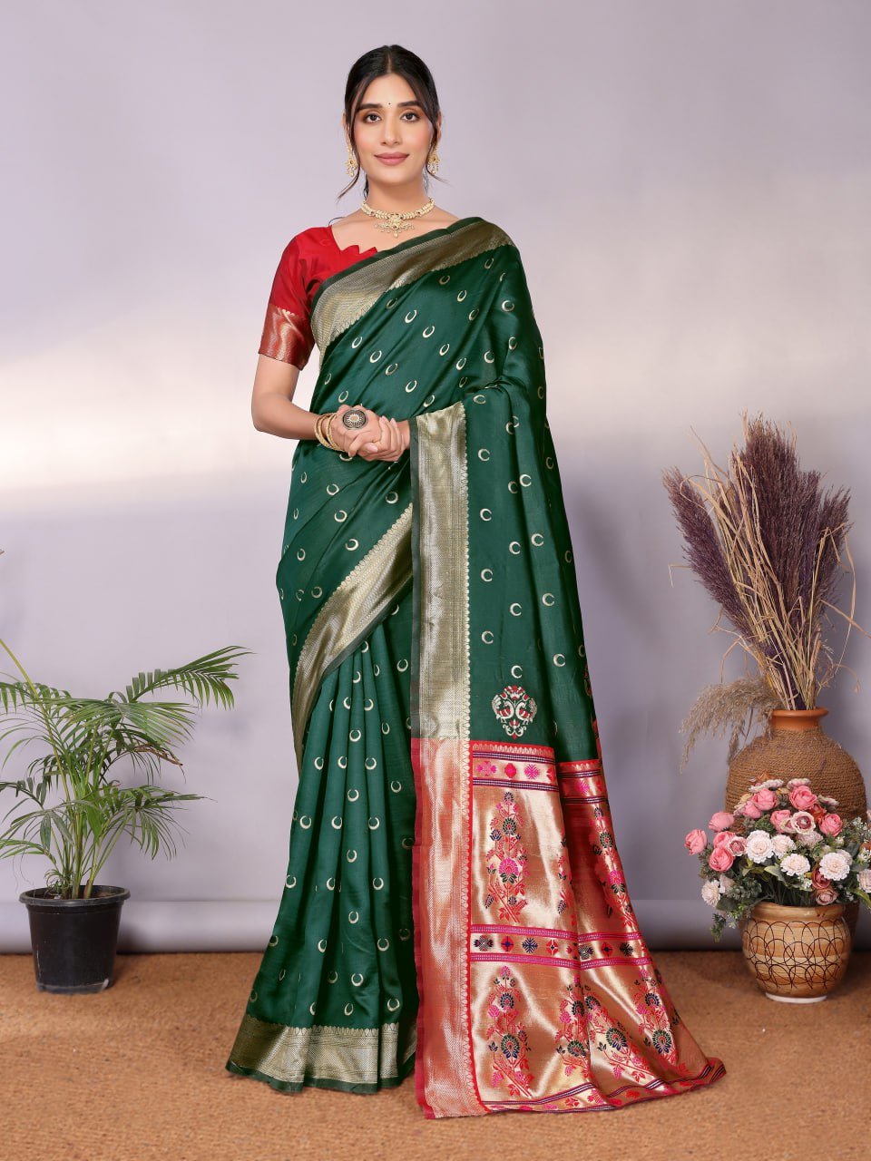 Dark Green And Gold Banarasi Soft Silk Saree