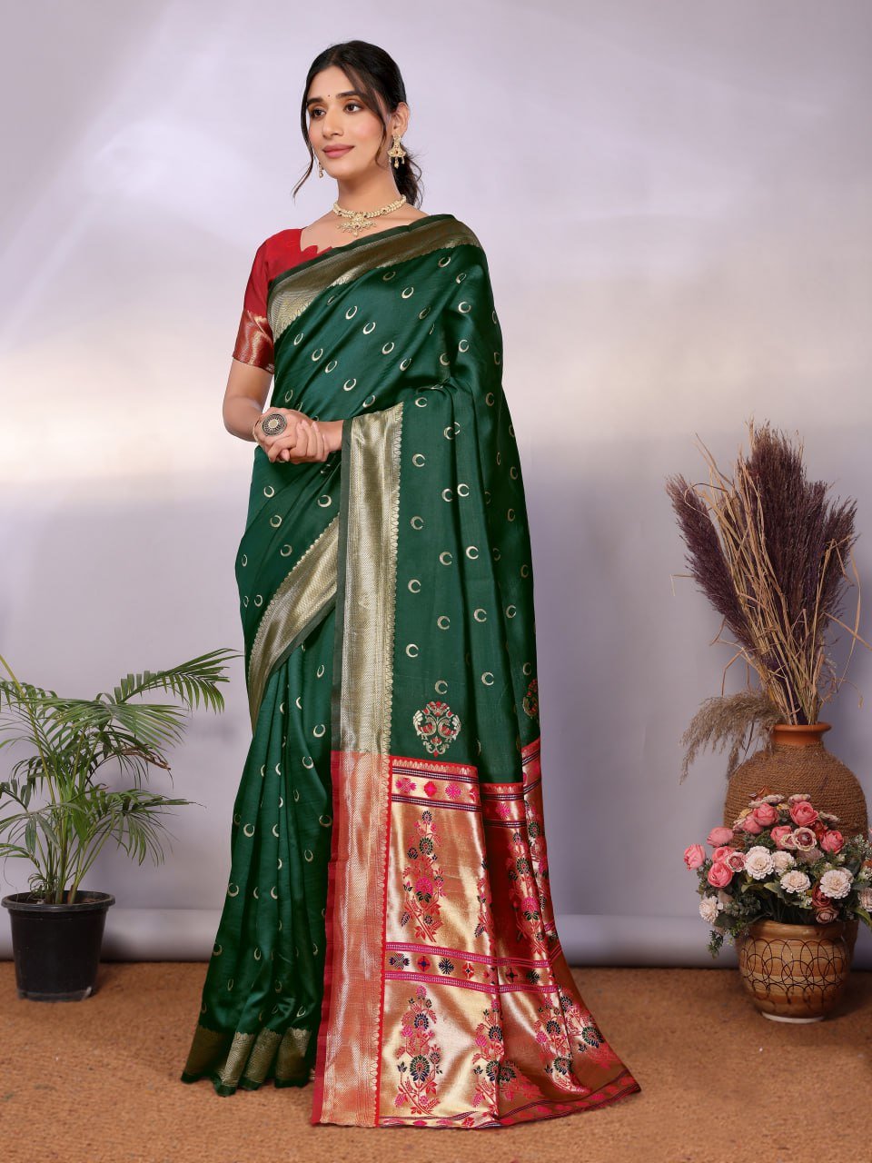 Dark Green And Gold Banarasi Soft Silk Saree