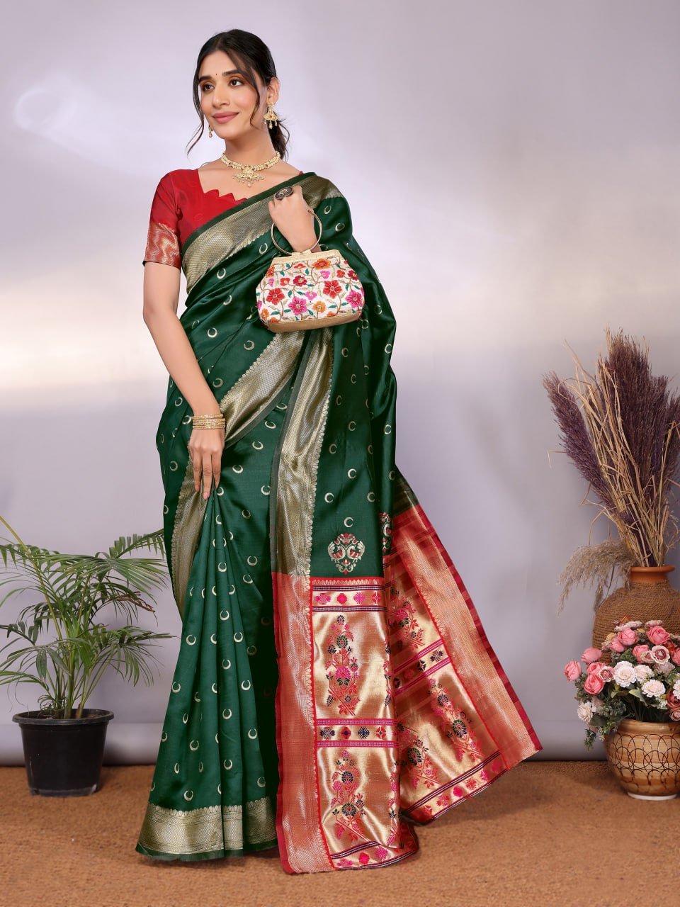 Dark Green And Gold Banarasi Soft Silk Saree