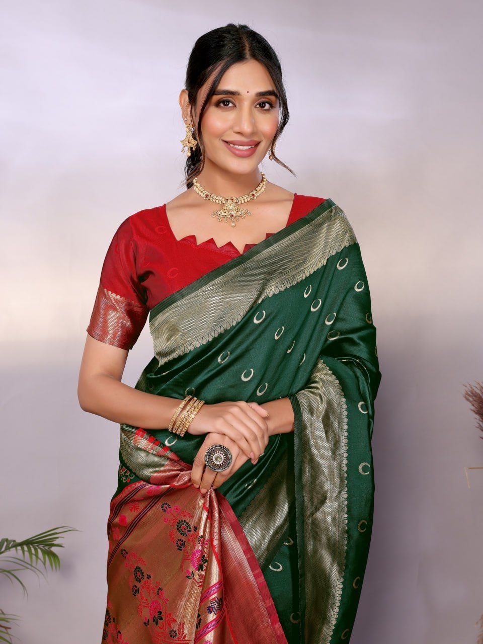 Dark Green And Gold Banarasi Soft Silk Saree