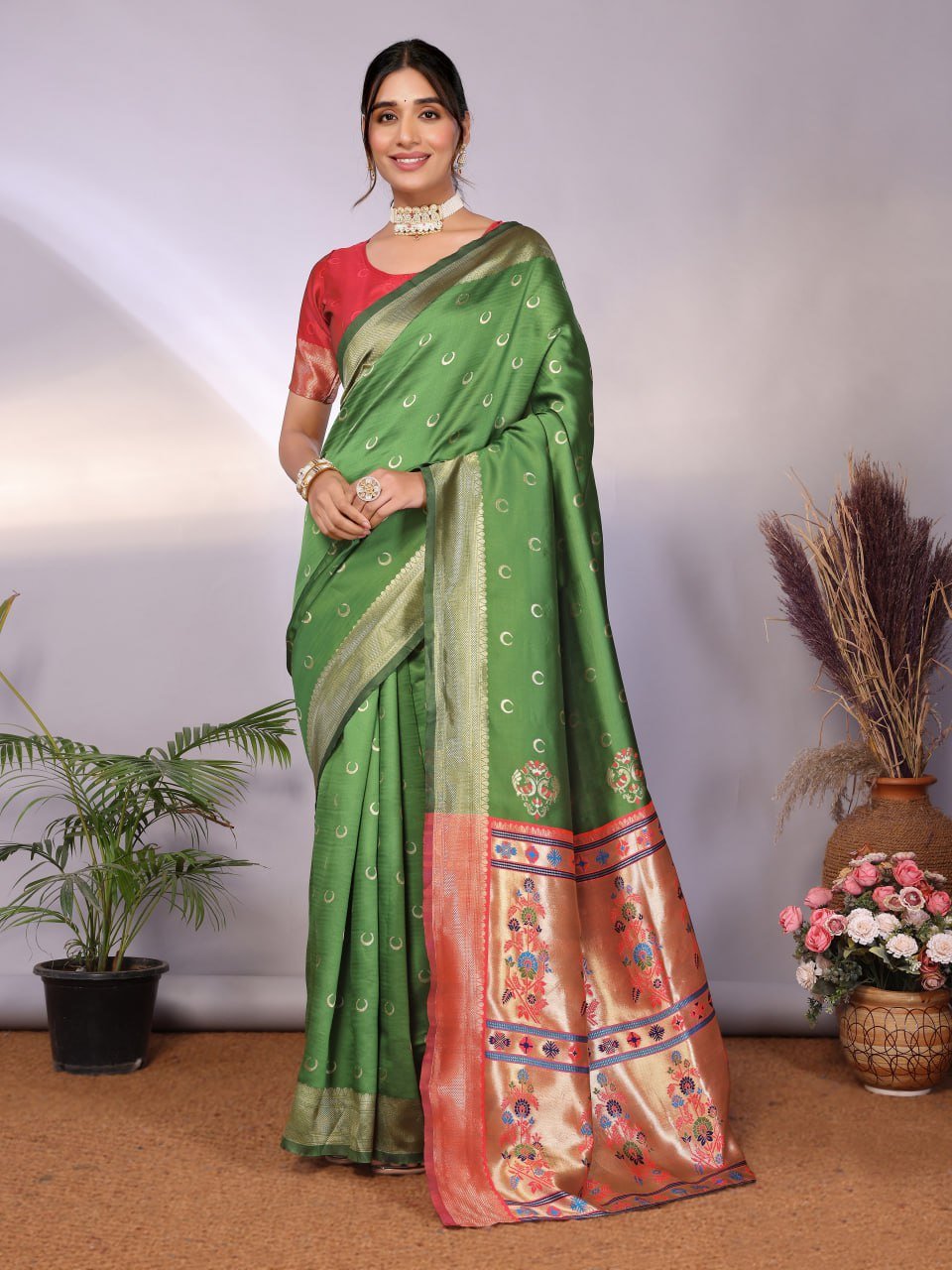 Leaf Green And Orange Banarasi Soft Silk Saree