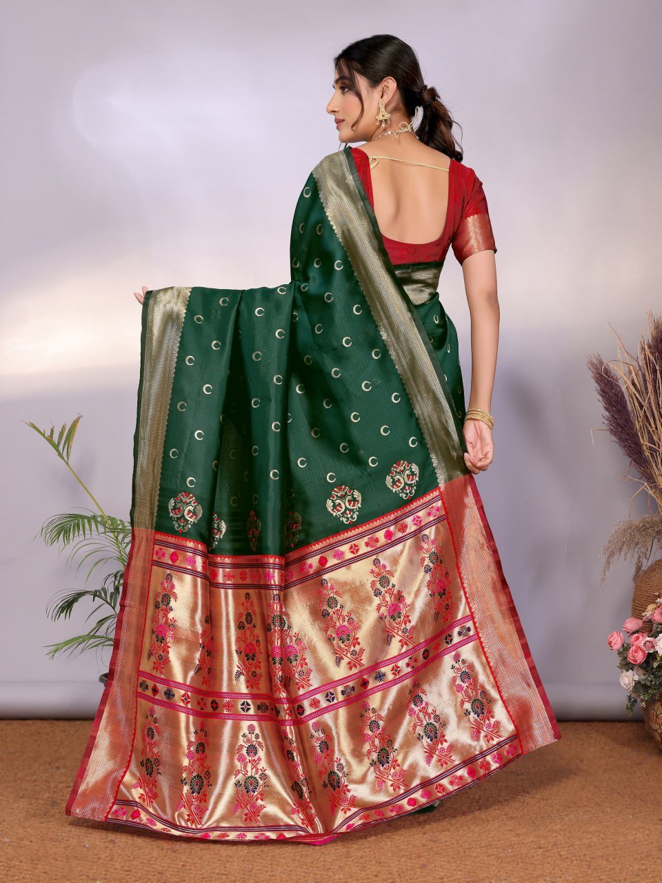 Dark Green And Gold Banarasi Soft Silk Saree