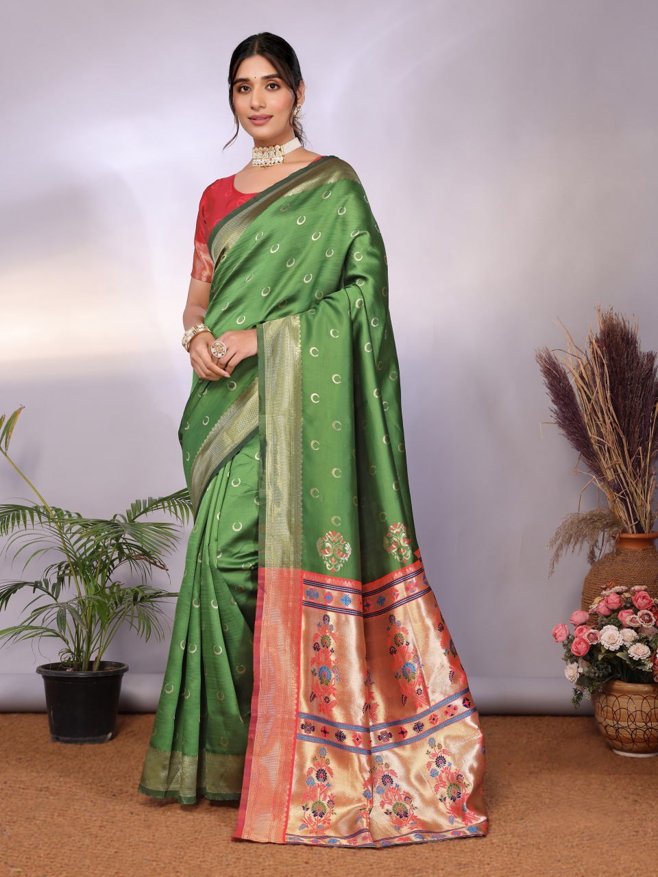 Leaf Green And Orange Banarasi Soft Silk Saree