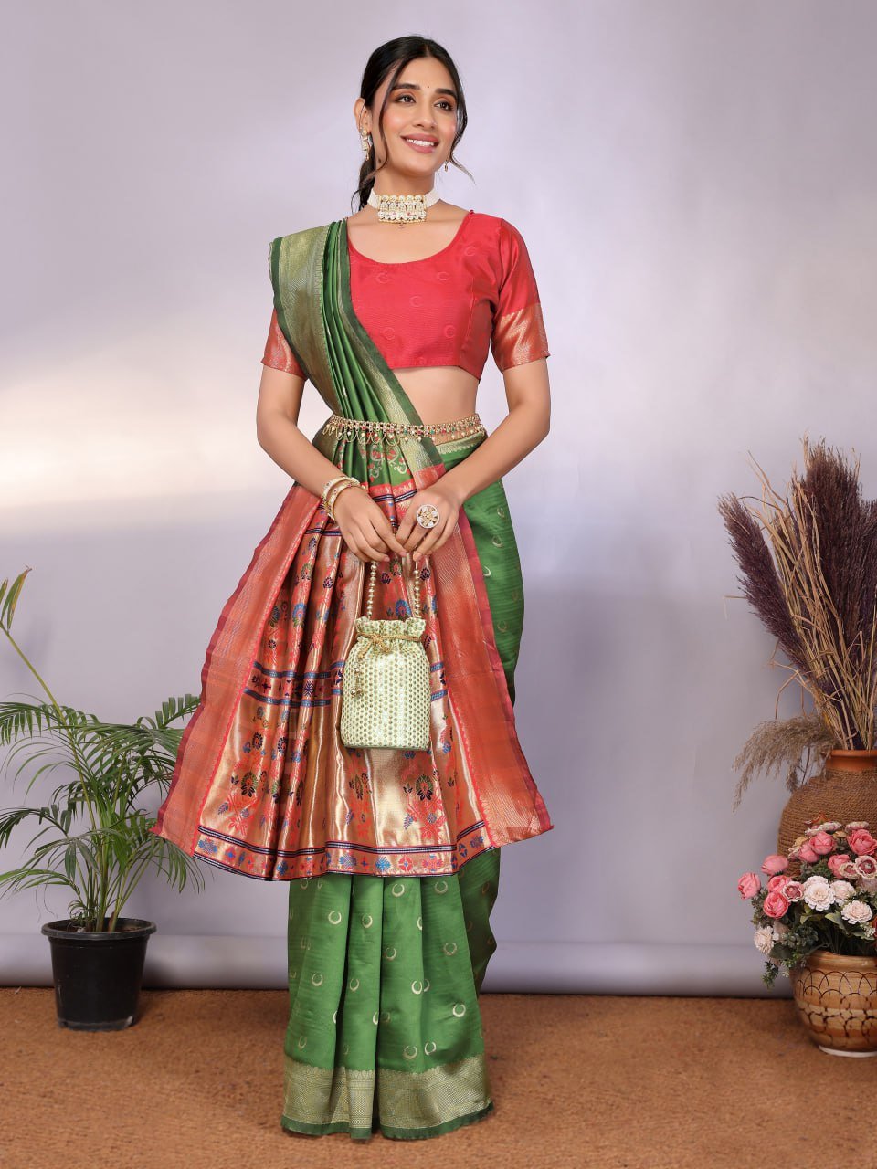 Leaf Green And Orange Banarasi Soft Silk Saree