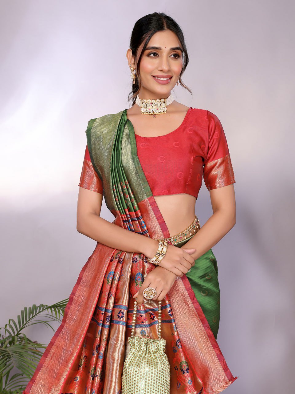 Leaf Green And Orange Banarasi Soft Silk Saree