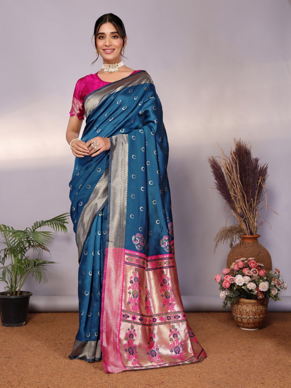 Navy Blue And Pink Banarasi Soft Silk Saree