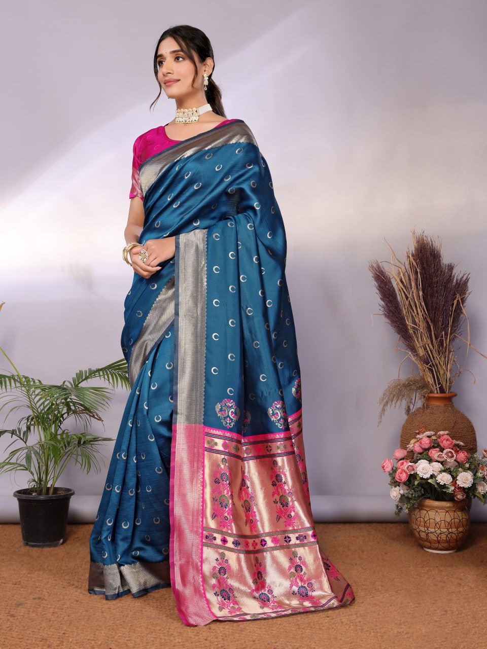 Navy Blue And Pink Banarasi Soft Silk Saree