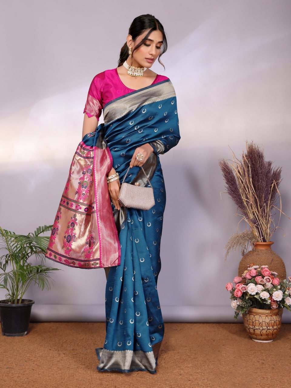Navy Blue And Pink Banarasi Soft Silk Saree